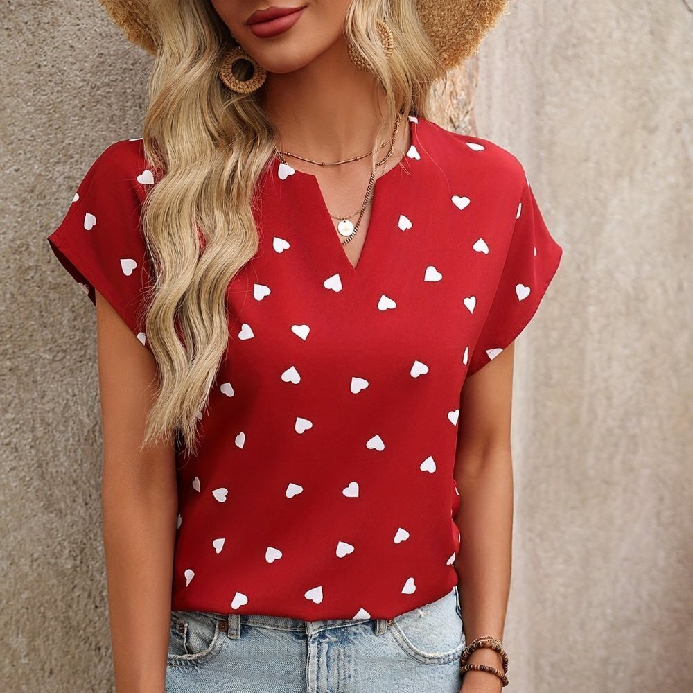 Travel Passions -Red with White Hearts Pattern Blouse